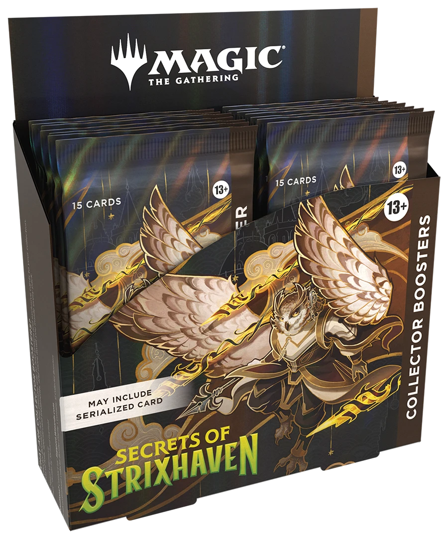 Magic: The Gathering Secrets of Strixhaven Collector Booster Box featuring the ornate owl-themed Biblioplex artwork and gold foil accents.