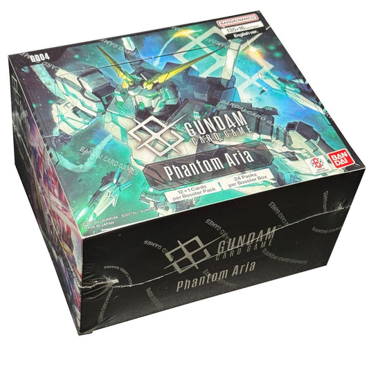 Gundam Card Game Phantom Aria GD04 English Booster Box featuring the Unicorn Gundam and Turn A Gundam on the sleek blue and silver packaging.