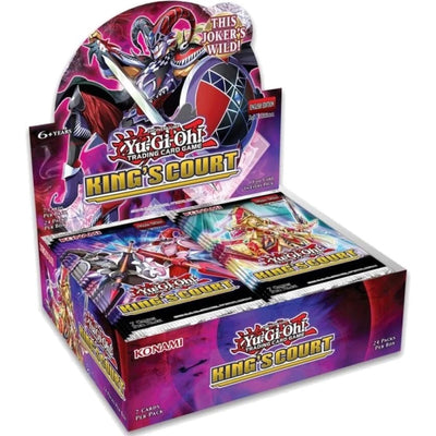 Yu-Gi-Oh! King’s Court Booster Box featuring Arcana Triumph Joker and the classic Knight trio on the vibrant purple and gold packaging.