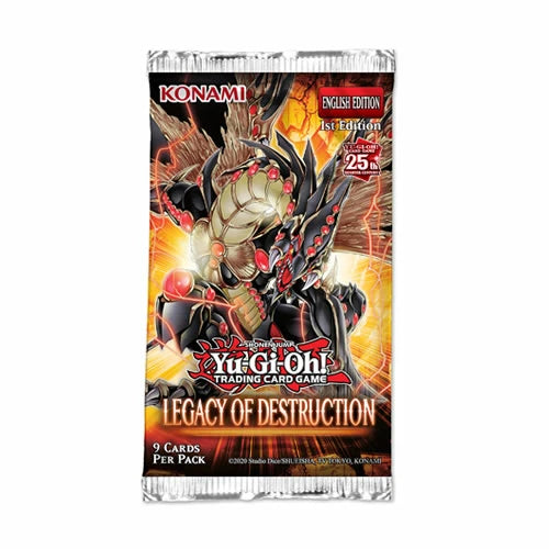 Yu-Gi-Oh! Legacy of Destruction Booster Pack featuring the fiery Gandora-Giga Rays the Dragon of Destruction artwork and the 25th Anniversary logo.