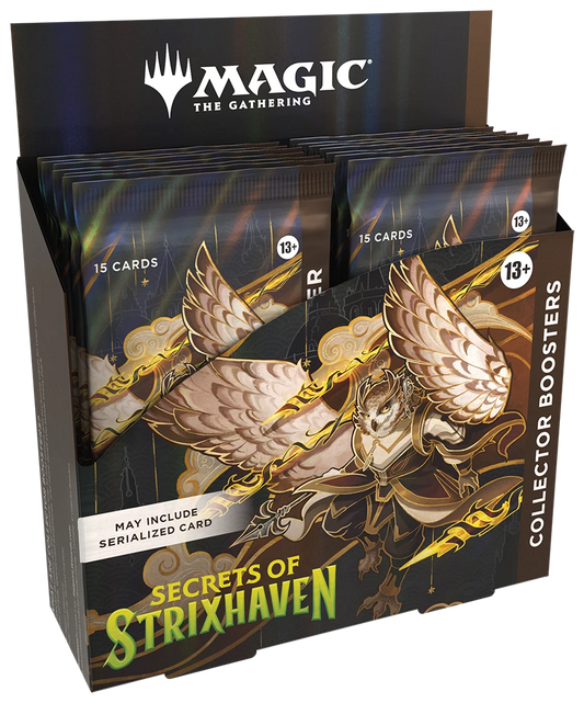 Magic: The Gathering Secrets of Strixhaven Collector Booster Box featuring the ornate owl-themed Biblioplex artwork and gold foil accents.