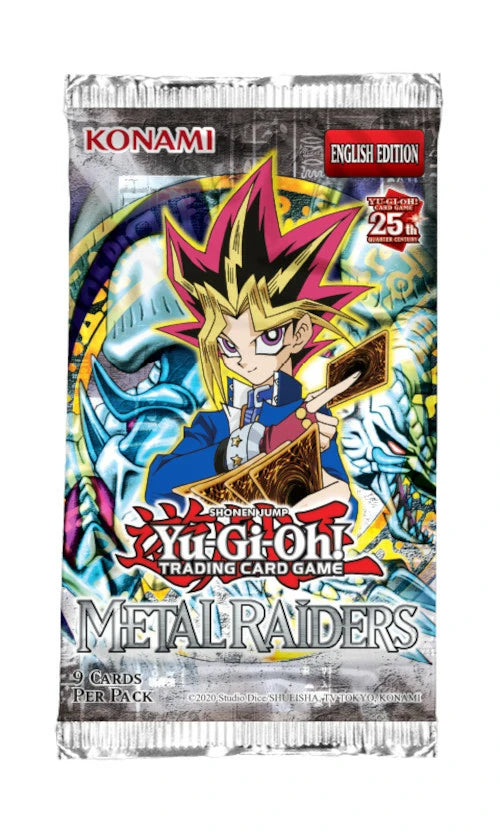 Yu-Gi-Oh! Metal Raiders 25th Anniversary Booster Pack featuring Gate Guardian artwork and the gold 25th Anniversary logo.